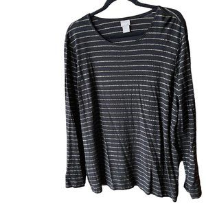 CHICO'S Gold Metallic Pinstripe on Black Comfy Long Sleeve Round Neck Te…